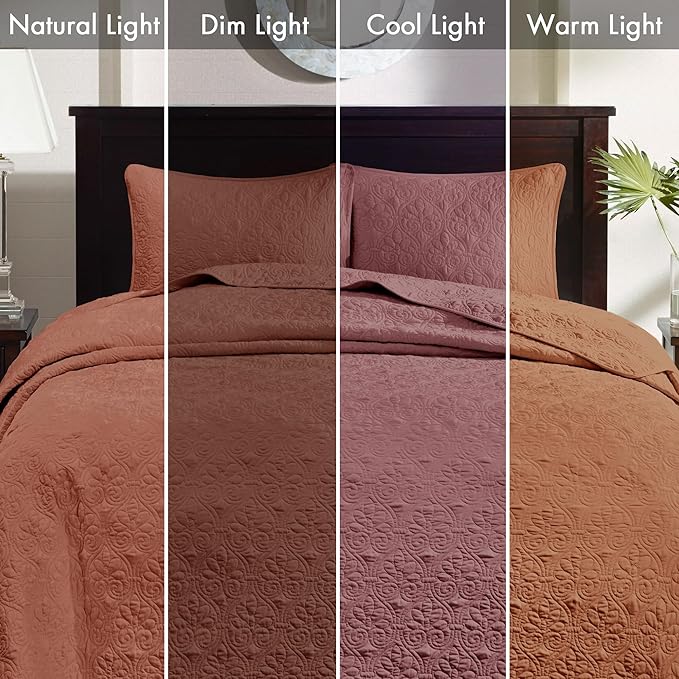 Madison Park Bedspread Set Reversible Damask Quilted Oversized Coverlet, Cotton-Filled Quilts Oversized, All Season, Lofty & Warm Bedspread, Quebec, Clay Red 3 Piece