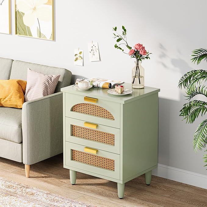 Tribesigns Mint Green Nightstand, 3-Drawer Rattan Night Stand Side Table, Accent Bedside Tables End Table for Bedroom and Small Spaces, Easy Assembly (1, Green)