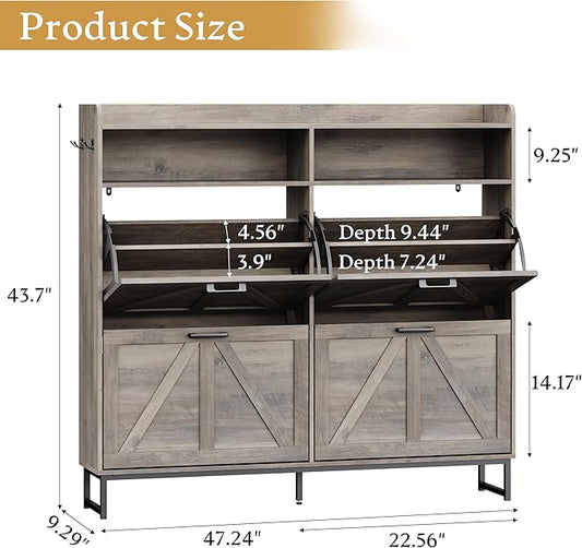 Shoe Cabinet Storage for Entryway, Shoe Storage Cabinet with 4 Flip Drawers, Freestanding Narrow Shoe Rack Organizer with Metal Legs, Adjustable Shelves & Open Storage for Foyer, Hallway, Grey