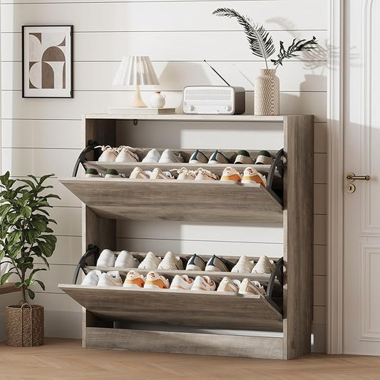 Shoe Storage Cabinet for Entryway with 2 Flip Drawers, Sturdy Wood Hidden Shoe Storage, Freestanding Narrow Slim Shoe Organizer for Front Door Entrance, Living Room, Hallway, Bedroom, Grey
