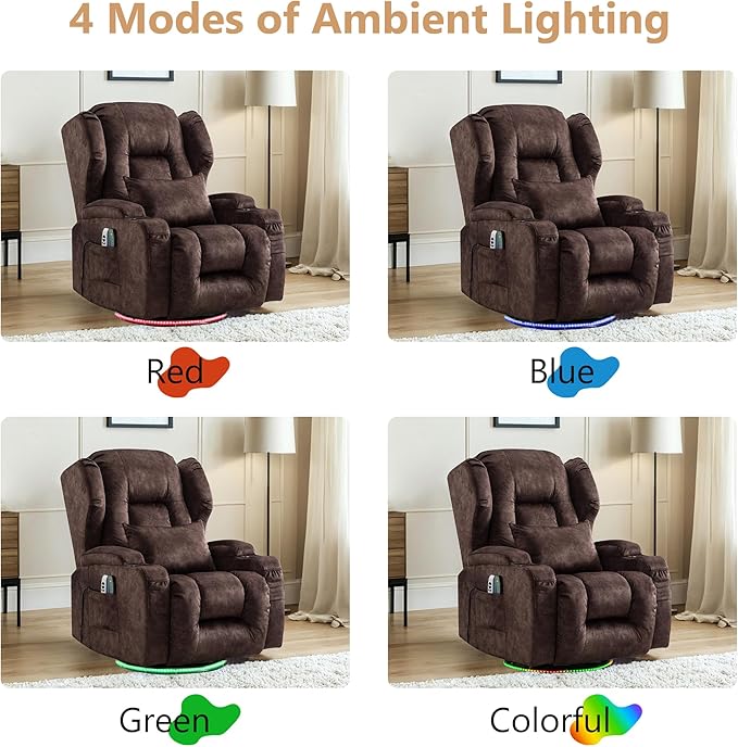 Power Swivel Rocker Recliner Chairs, Electric Wall Hugger Reclining Sofa with Massage & Heat, Comfy Theater Seating Single Sofa with LED Light/USB/Type-C Ports (Velvet Brown, Single Chair)
