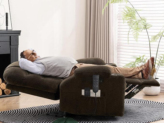 ABCASA Oversized Dual Motor Lay Flat Power Lift Recliner Chair with Massage, Heating, Lumbar Pillow, USB & Type-C Ports, Textile Lift Chairs Recliners, Large Recliner for Big & Elderly People - Brown