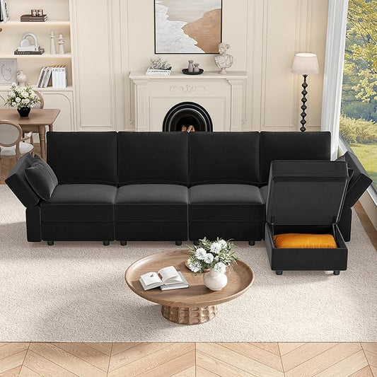 Vesgantti Sectional Couches with Storage Seats, 118" L Shaped Convertible Modular Sectional Sofa, 4 Seat & 1 Ottoman Velvet Storage Chaises Deep Seat Couch for Living Room, Bedroom, Apartment, Black