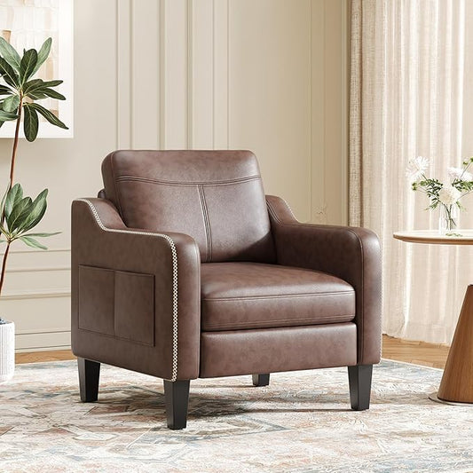 PU Leather Accent Chair, Mid-Century Modern Living Room Armchair Sofa with Removable Cushions, Solid Wood Frame & Stitched Armrest Design, Bedroom Chair with Plastic Legs, Chocolate Brown