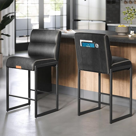 VASAGLE EKHO Collection - Bar Stools Set of 2, Counter Height Stools with Backs, 26.4-Inch Barstools Chairs, Synthetic Leather with Stitching, Mid-Century Modern, Dining Kitchen Island, Ink Black