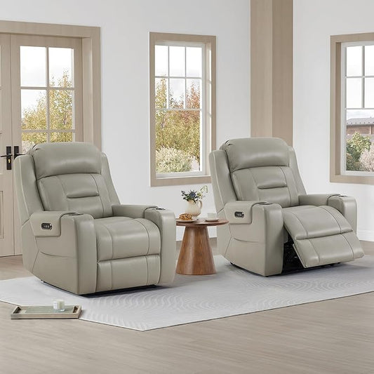 Watson & Whitely Oversized Genuine Leather Power Recliner Chairs for Big and Tall, Extra Wide Lay Flat Recliner with Power Headrest & Cup Holders, Electric Reclining Sofa for Living Room, Grey
