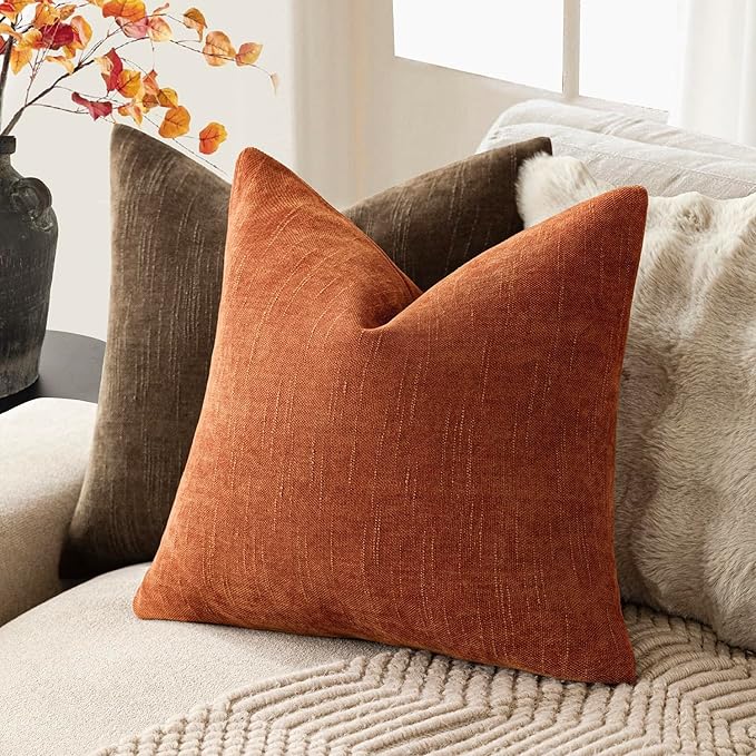 Foindtower Pack of 2 Soft Textured Chenille Throw Decorative Pillow Covers Square Accent Solid Cushion Cover Cozy Neutral Farmhouse Pillow Case for Couch Sofa Bedroom Living Room 24x24 Inch,Orange