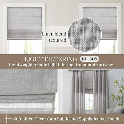 Madison Park Kyler Cordless Roman Shades - Single Panel, Lightweight Linen Blend Fabric, Natural Design, Easy Installation, Light Filtering Window Blind, Bedroom, Living Room Decor 35" W x 64" H Grey