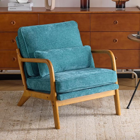 Karl home Mid Century Modern Accent Chair with Lumbar Pillow & Oak Arms – Plush Chenille Living Room Chair for Bedroom, Lounge (Teal)