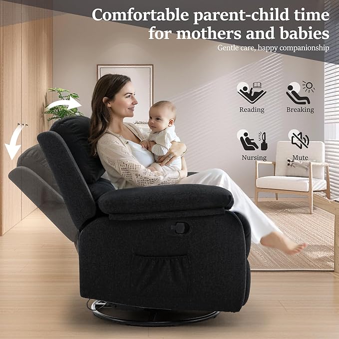 Recliner Chair, 360 Swivel Rocker Chair for Adults, Small Rocking Recliner Chair for Small Spaces, Upholstered Fabric Glider Recliner Nursery Chair with Side Pockets for Living Room, Nursery