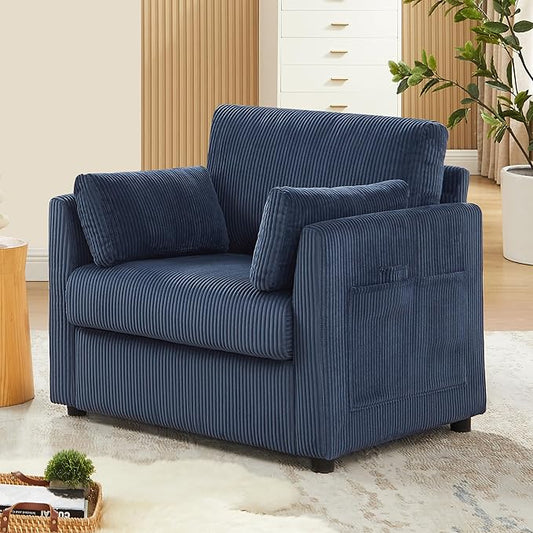 Modern Corduroy Accent Chairs, 38" W Comfy Armchair with Soft Pillows and Side Pockets, Single Reading Chairs for Living Room, Bedroom, Apartment, Navy Blue