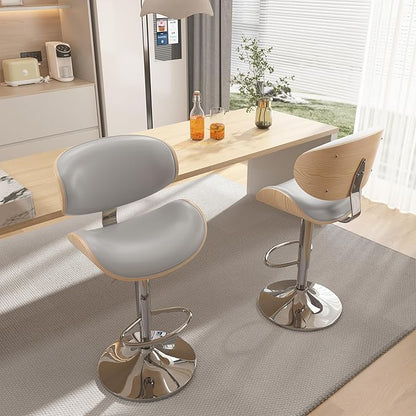 Bar Stools Set of 4, Bar Stools for Kitchen Island with Bentwood Back and Leather Seat, Swivel Barstools for Kitchen Counter, Bar, Grey