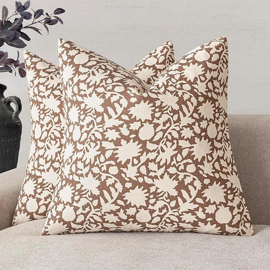 Foindtower Set of 2 Decorative Neutral Floral Throw Pillow Covers Accent Farmhouse Cushion Covers Boho Pillowcase for Couch Sofa Bedroom Living Room Home Decor,22×22 Inch,Light Orange Brown
