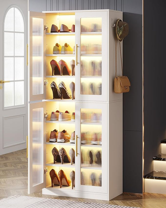 Tribesigns Tall Shoe Storage Cabinet with Acrylic Doors and LED Lights, 8-Tier Shoe Organizer Rack with Adjustable Shelves and Hanging Hooks for Narrow Closet, Hallway, Living Room, White (Set of 2)