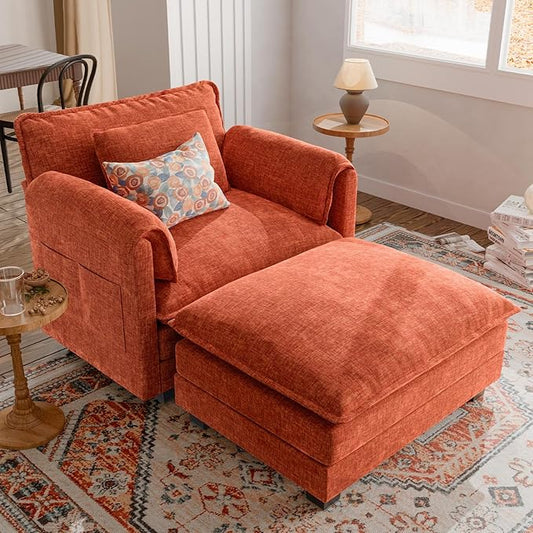 ELUCHANG Oversized 42" W Single Sofa with Ottoman, Convertible Sofa Bed for Living Room, Bedroom & Apartment, DIY Combination, Chenille Terracotta