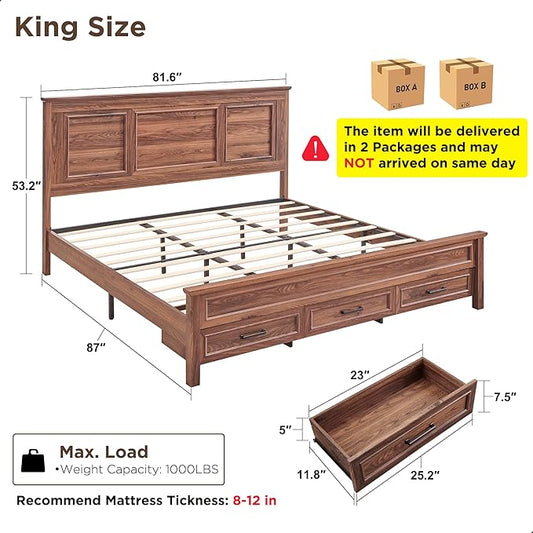 ACCOHOHO Farmhouse King Size Bed Frame with 52" Tall Headboard, Wood Platform Bedframe with Footboard and Storage Drawers, No Squeak, No Box Spring Needed, Brown
