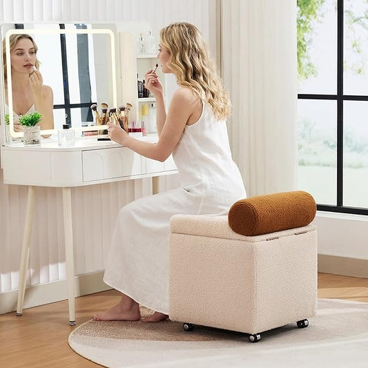 Boucle Vanity Chair with Storage, Swivel Makeup Vanity Chair with Wheels & Safety Hinge, Upholstered Vanity Stool Ottoman for Bedroom, Dressing Room, Beige