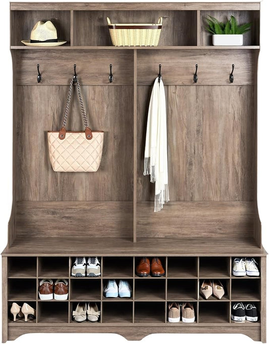 Prepac Gray Hall Tree, Shoe Cabinet, Storage Cabinet with 24 Shoe Cubbies and 6 Double Coat Hooks 15.5" D x 60" W x 77" H