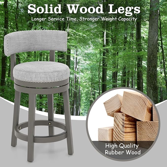 COSTWAY Bar Stool Set of 4, 27-inch 360° Swivel Barstool with Upholstered Back & Seat, Solid Rubber Wood Legs & Footrest, Farmhouse Counter Height Chair for Home, Bar, Cafe, Grey (4, Seat height 27‘’)