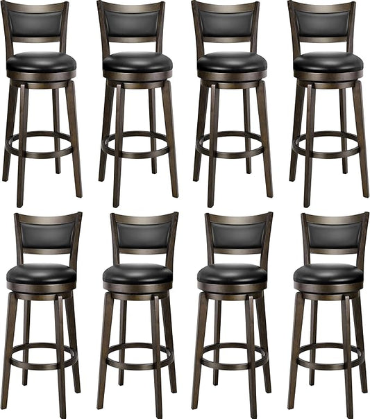 PrimeZone Swivel Bar Stools Set of 8, 32 Inch Tall Bar Height Barstools, Black Faux Leather Bar Stool with High Backrest & Solid Wood Legs & Wrap-Around Footrest, Counter Stools for Pub
