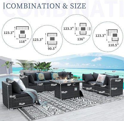 NICESOUL 7 Piece Outdoor Patio Sectional Furniture Set with Fire Pit Table Natural Gas/Propane, 29.3'' High Back Extra Large Size PE Rattan Sofa Conversation for Outside, Wide Deep Seat Couches, Gray