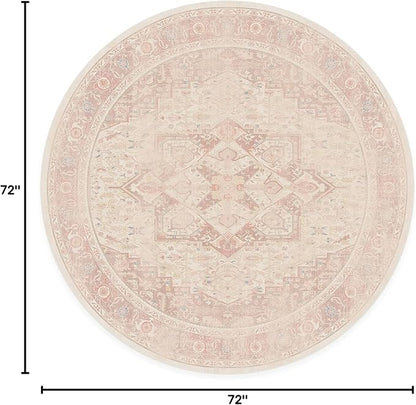RUGGABLE Washable Area Rug – Kamran Soft Pink 6 ft Round, Stain-Resistant, Non-Slip – Medium Machine Washable Rugs for Living Room, Bedroom, Hallway, Entryway & Office–with Standard Pad