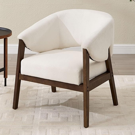 Modern White Accent Chair, Upholstered Armchair Living Room Chair for Bedroom, Comfy Barrel Reading Nook Chairs, Chenille, Wood Legs,1PC
