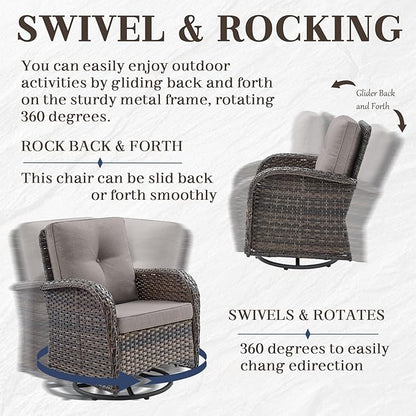 HUMMUH 5 Pieces Wicker Patio Furniture Set,Outdoor Swivel Gliders Rocker,Patio Ottomans,Glass Top Side Table,Outdoor Conversation Set for Porch Deck Backyard Poolside