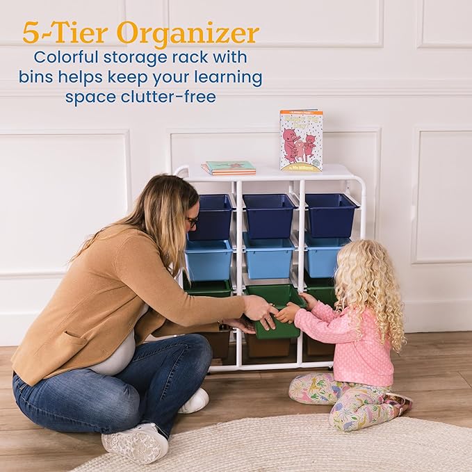 ECR4Kids 5-Tier Storage Rack with 15 Cubby Bins 5x3, Multipurpose Organization, Earthtone