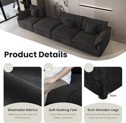 Modular Cloud Sofa, 154" Cloud Sectional Couches with Deep Seat, Linen U-Shape 6-Seater Couch with Ottoman for Living Room, Washable Cover, Wide Armrest in Black