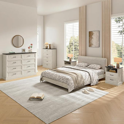 Farmhouse Dresser and Nightstand Sets, 4Pcs Bedroom Furniture Set, Nightstand Set of 2 & 55" Wide 8 Drawer and 44" Tall 5 Drawer Dresser with Large Drawers & Bar Handles, White