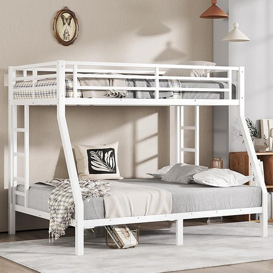 Bellemave Twin Over Full Bunk Bed for Teens, Twin Over Full Bunk Bed Frame with 2 Side Ladder and Full Length Guardrail, Easy Assemble Bunkbeds, Noise Reduced, Mattress Not Included, White