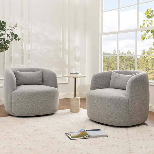 KINWELL 34" Wide Sherpa Swivel Barrel Chairs Set of 2, No Assembly Round Boucle Upholstered Accent Chairs Armchairs Single Sofa Chair with Toss Pillow for Living Room and Bedroom, Gray