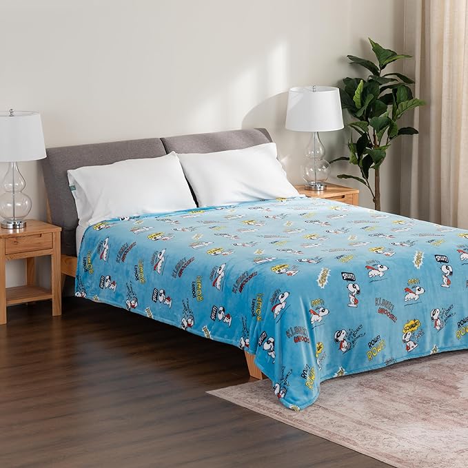 Berkshire Blanket Peanuts® VelvetLoft® Cute Character Snoopy Plush Blanket,Peanuts Large Masked Marvel Toss Happy Blue,Full/Queen 90 in x 90 in (Official Peanuts® Product)