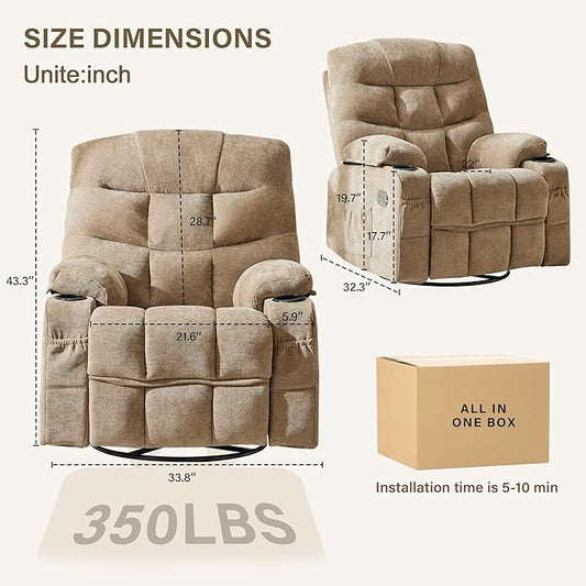 Manual 360°Swivel Rocker Recliner Chair,Single Recliner Seat with Cup Holders,Recliner Chairs for Adults, Upholstered Fabric Lazy Boy Recliner for Bedroom,Living Room,Brown
