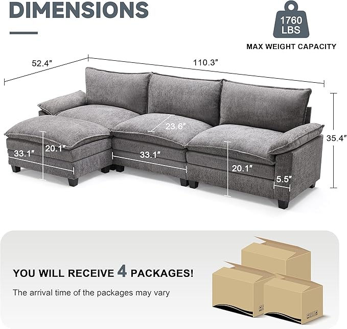 114 Inch Modular Couch Sectionals with Ottoman, Big Comfy Cloud Couches, L Shaped 4 Seat Modular Sectional Sofa, Modern Cloud Sectional Couches for Living Room, Deep Seat Comfy Sofa, Grey
