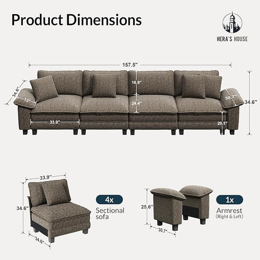 HERA'S HOUSE 158" Modular Sectional Sofa, Oversized Couches for Living Room, Comfy Cloud Couch 4-Seater Deep Seat Sofa with Throw Pillow, Chenille Ash