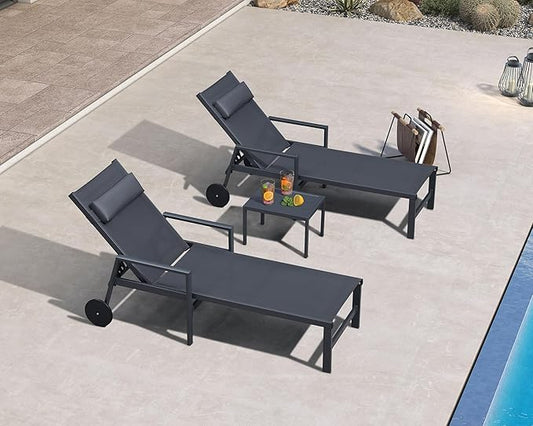 PURPLE LEAF Patio Lounge Chair Set of 3 Outdoor Chaise Lounger Aluminum Frame with Armrest Side Table and Wheels for Pool Outside Sunbathing Tanning Recliner Including Pillows Gray