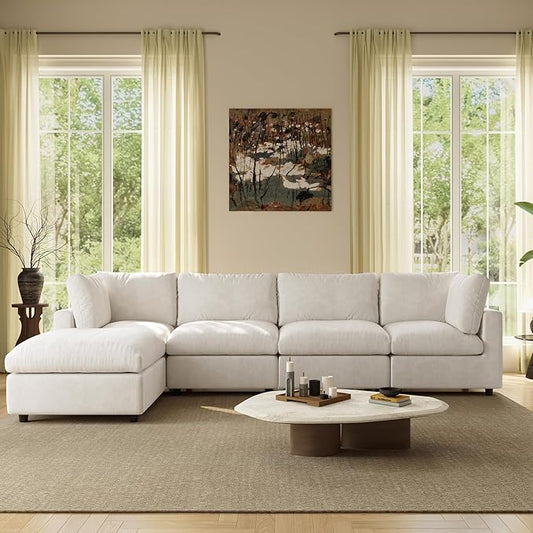 WJShome L Shaped Sectional Couch 134 Inch 4-Seater Modern Modular Sofa with Ottoman,Chenille Deep Seat Couches for Living Room, Bedroom and Apartment，Beige