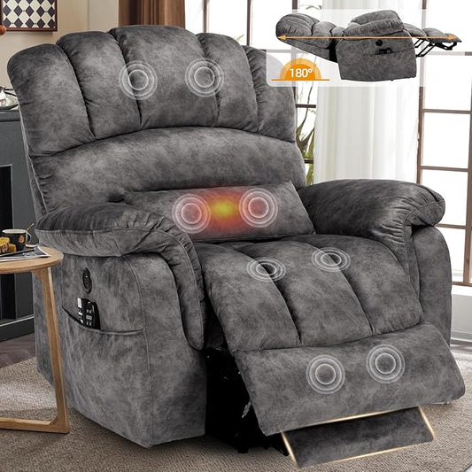 Tall Man Oversized Dual Motor Power Lift Recliner w/Heat Massage, Large Lay Flat Sleeper Electric Recliner with Extended Footrest for Elderly, Lumbar Pillow, USB & Type-C Ports, Plush-Gray