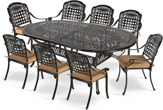 MEETWARM 9-Piece Patio Dining Set, All Weather Cast Aluminum Outdoor Dining Table Set with 1 Oval Table, 8 Chairs, 8 Cushions, 2" Umbrella Hole, Dark Bronze