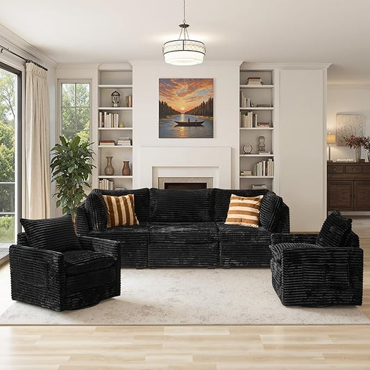 98" Modular Sectional Sofa with Swivel Chairs, Modern Cloud Couch Plush Corduroy 3 Seater Deep Seat Sofas Set & Accent Armchair Set of 2 for Living Room, Black