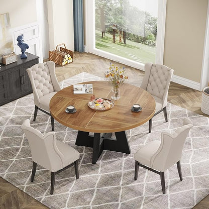 Tribesigns Farmhouse Dining Table, 47 Inch Round Dinner Table for 4, Rustic Round Dining Room Table for Home Dining Room Living Room (Walnut Brown+Black)