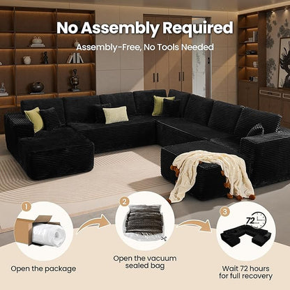 Cloud Sectional Couch with Chaise, Boneless U-Shaped Cloud Couch with Deep Seat, Soft Plush Modern Minimalist Sofa, Assembly Free Modular Floor Sofa for Office Living Room Apartment, Black