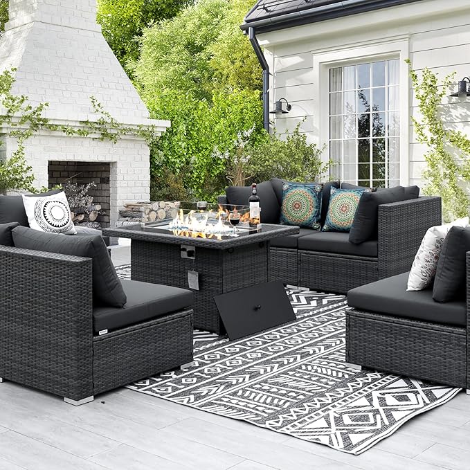 NICESOUL 7 Piece Outdoor Patio Sectional Furniture Set with Fire Pit Table Natural Gas/Propane, 29.3'' High Back Extra Large Size PE Rattan Sofa Conversation for Outside, Wide Deep Seat Couches, Gray