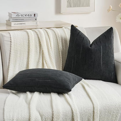 FUTEI Black Chenille Decorative Throw Pillow Covers 26x26 Inch Set of 2,Soft Embossed Striped Textured Euro Pillow Shams,Modern Home Decor for Couch Bed Living Room