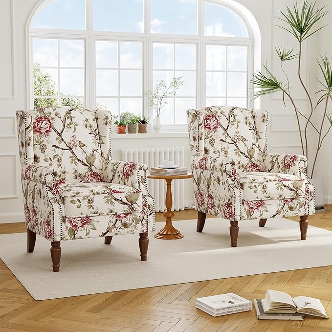Accent Chair, Upholstered High Back Floral Armchair with Nailhead Trim & Wood Legs, Comfy Wingback Reading Single Sofa Chair for Small Spaces, Living Room, Bedroom-Pink Floral, Set of 1