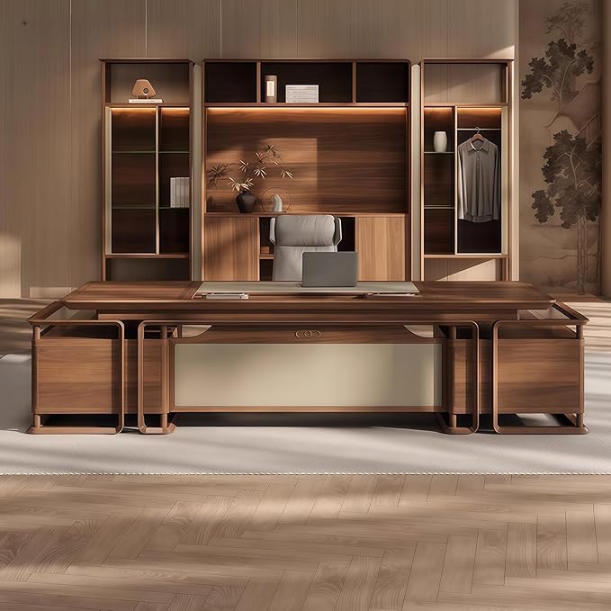 Executive Desk, 133.9 inch Executive Wood Desks L Shape Desk with Drawers with Drawers and Lockable Storage No Installation Required Without Display Racks and Bookshelves