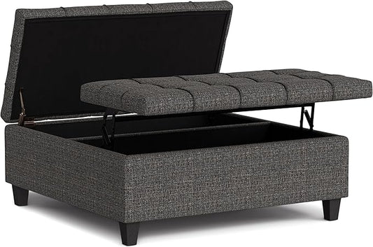 SIMPLIHOME Harrison 40 inch Wide Transitional Square Large Coffee Table Storage Ottoman in Ebony Polyester Tweed, Assembled, for The Living Room and Bedroom