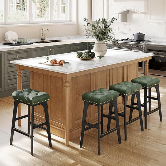 VASAGLE Bar Stools Set of 4, Saddle Counter Height Bar Stools, 26-Inch Backless Kitchen Stools with Wood Legs, PU Leather Thickened Upholstered Barstools for Kitchen Island Dining Room, Forest Green